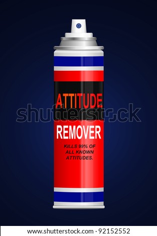 Illustration depicting a single aerosol spray can with the words \'attitude remover\'. Blue background.