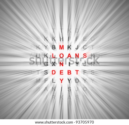 Illustration depicting a simple wordsearch puzzle with motion blur resulting in central financial words in focus.