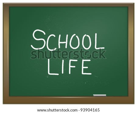 Illustration depicting a green chalk board with the words \'school life\' written on it in white chalk.