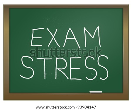 Illustration depicting a green chalk board with the words \'exam stress\' written on it in white chalk.