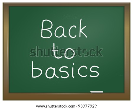 Illustration depicting a green chalk board with the words \'back to basics\' written on it in white chalk.
