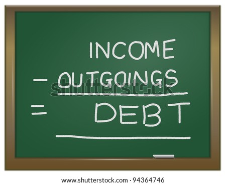 Illustration depicting a green chalk board with the words \'income - outgoings = debt\' written on it in white chalk.