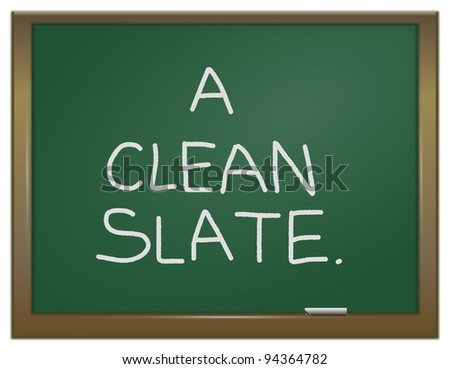 Illustration depicting a green chalk board with the words \'A clean slate\' written on it in white chalk.