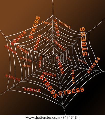 Illustration depicting a spiderweb with the words \'stress\' trapped by the threads. Dark background.