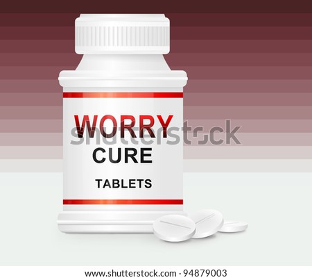 Illustration depicting a single white and red  medication container with the words \'confidence boosting pills\' on the front with red gradient stripe background and a few tablets in the foreground.