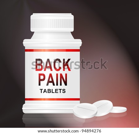 Illustration depicting a single white and red  medication container with the words \'back pain tablets\' on the front with black and red background and a few tablets in the foreground.