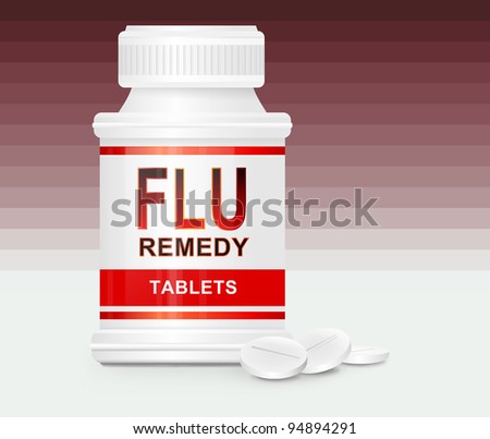 Illustration depicting a single white and red medication container with the words \'flu remedy tablets\' on the front with red gradient stripe background and a few tablets in the foreground.