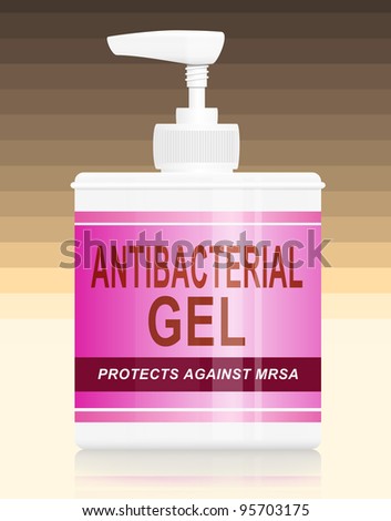 Illustration depicting a single antibacterial gel dispenser arranged over warm pastel  colour stripe gradient background.