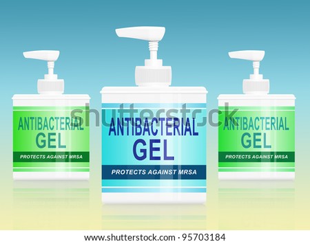 Illustration depicting three antibacterial gel dispensers arranged over yellow and blue background.