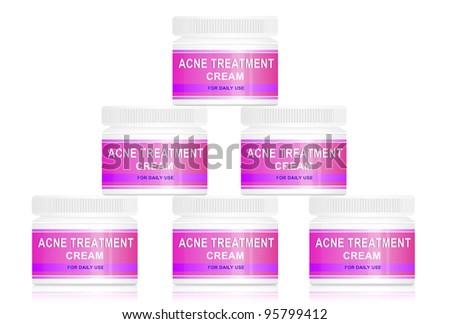 Illustration depicting acne cream product containers arranged in a pyramid formation over white.
