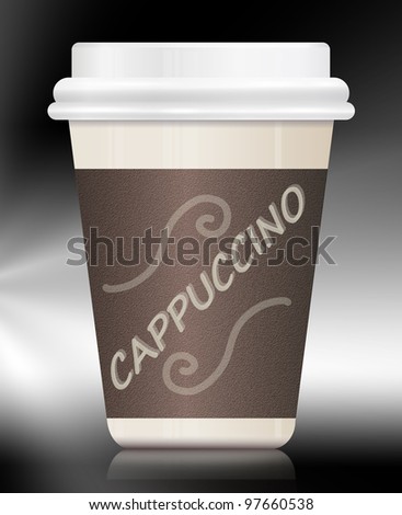 Illustration depicting a single coffee take out carton with the words CAPPUCCINO on it. Arranged over monochrome background.