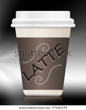 Illustration depicting a single coffee take out carton with the words LATTE on it. Arranged over monochrome background.
