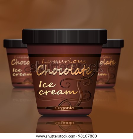Illustration depicting three chocolate ice cream containers arranged over warm brown shades. Foreground container in focus.