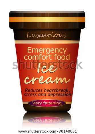 Illustration depicting a single ice cream container with a comfort food concept. Arranged over white.