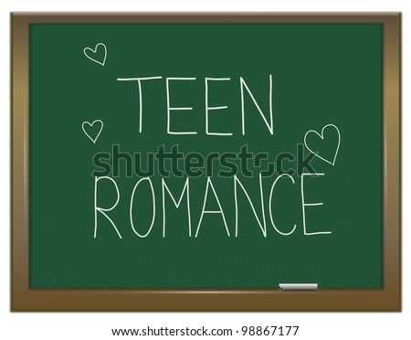 Illustration depicting a green chalkboard with a teen romance concept written on it.