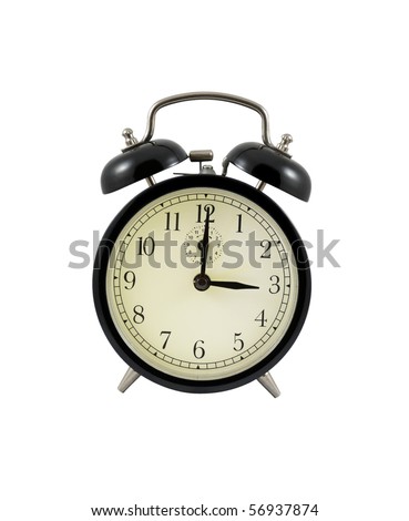 Retro alarm clock showing three hours isolated on a white background