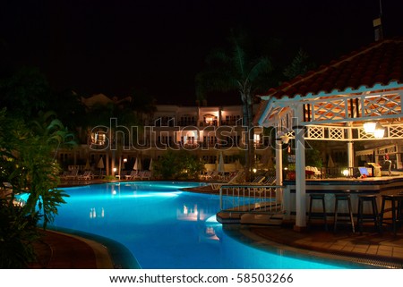 Swimming pool of luxury hotel at night. Tenerife, Canary Islands, Spain.