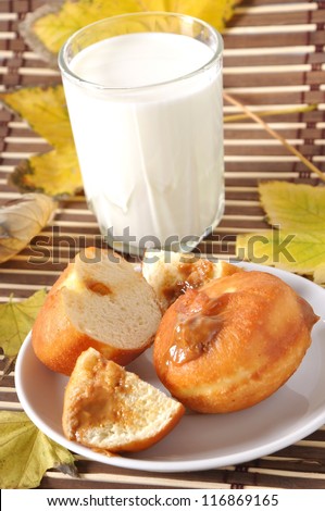Breakfast. Glass of milk and donut