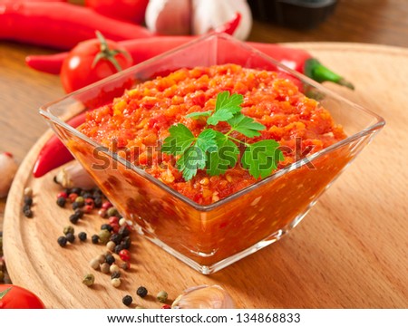 Red hot chili pepper and ingredients for sauce and sauce