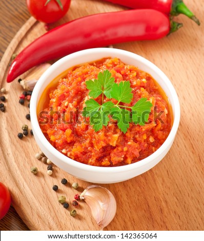 Sauce, red hot chili pepper and ingredients for sauce