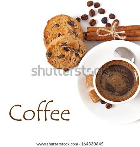Closeup cup of italian espresso with cinnamon, coffee beans, brown sugar and chocolate cookies isolated on white background