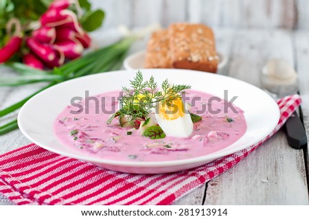 Cold beet soup on yogurt with egg, radishes and cucumbers
