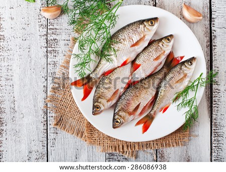 Prepared for frying fish roach on the wooden background. Top view