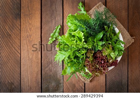 Variety fresh organic herbs (lettuce, arugula, dill, mint, red lettuce) on wooden background in rustic style. Top view
