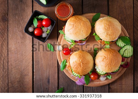 Juicy spicy chicken burgers to Asian-style - sandwich.  Top view