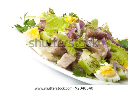 Herring salad, apples and eggs - stock photo