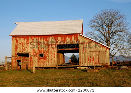 Old red barn at sunset. Moon is showing to right of roof.