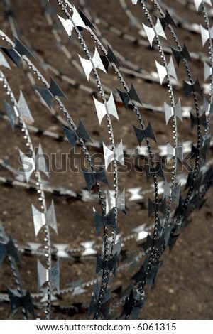 Barbed wire with razor sharp spikes and edges. Shallow DOF