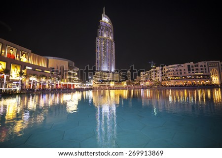 DUBAI, UAE - FEBRUARY 25: Address Hotel and Lake Burj Dubai in Dubai at night. The hotel is 63 stories high and feature 196 lavish rooms and 626 serviced residences. Picture taken on February 25, 2015