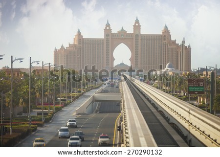 DUBAI, UAE - FEBRUARY 27, 2015: View of the Atlantis hotel from a monorail train connecting the Palm Jumeirah to the mainland. Atlantis, The Palm is a majestic 5 star luxury hotel. February 27, 2015.