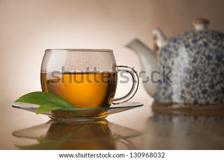 Cup of hot green tea close up shoot