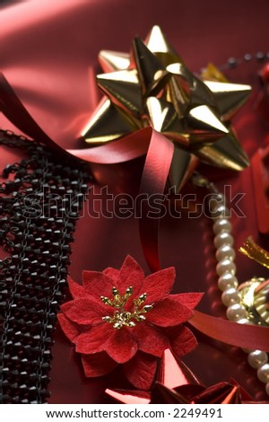 christmas decoration on red paper close up