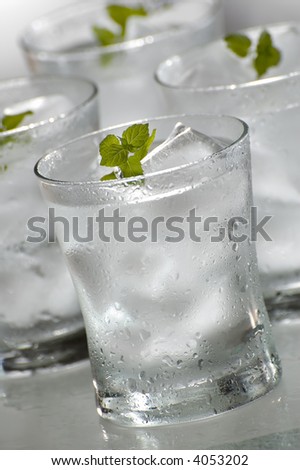 glass of fresh water with ice close up