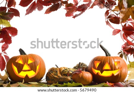 halloween pumpkins on white background with fall leaves frame