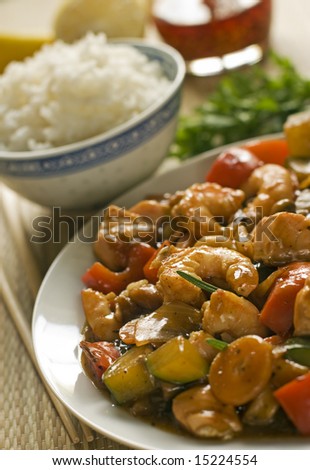 asian chop suey with salmon and prawn close up