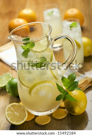 fresh lemonade with ice and mint close up