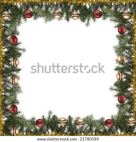 christmas frame made from pine branch and ornaments on white