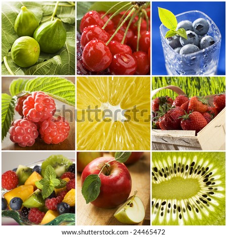 colorful healthy fruit collage made from nine photographs