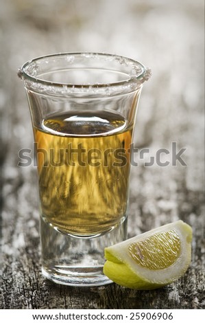 tequila shot, with lemon and salt close up
