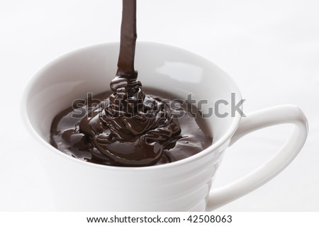 lots of melted chocolate falling in white cup