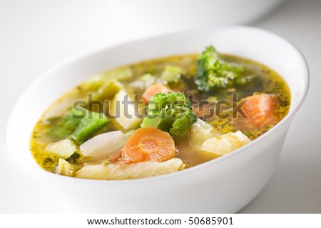 Fresh hot vegetable soup close up shoot
