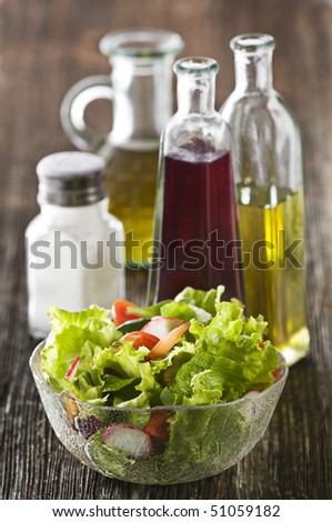 Fresh salad with vinegar, olive oil and salt close up