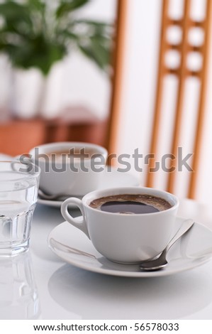 Fresh morning coffee and water close up shoot