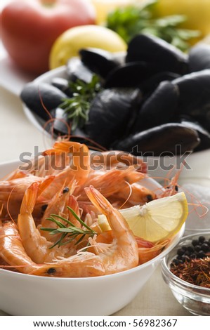 Whole fresh cooked prawns and shells close up shoot