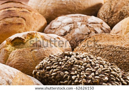 Mixed fresh bread background close up shoot