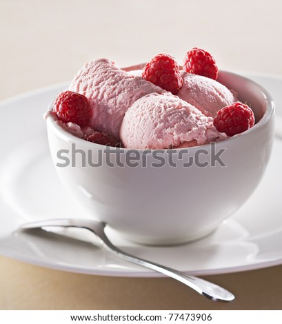 Raspberry ice cream with fruits close up shoot